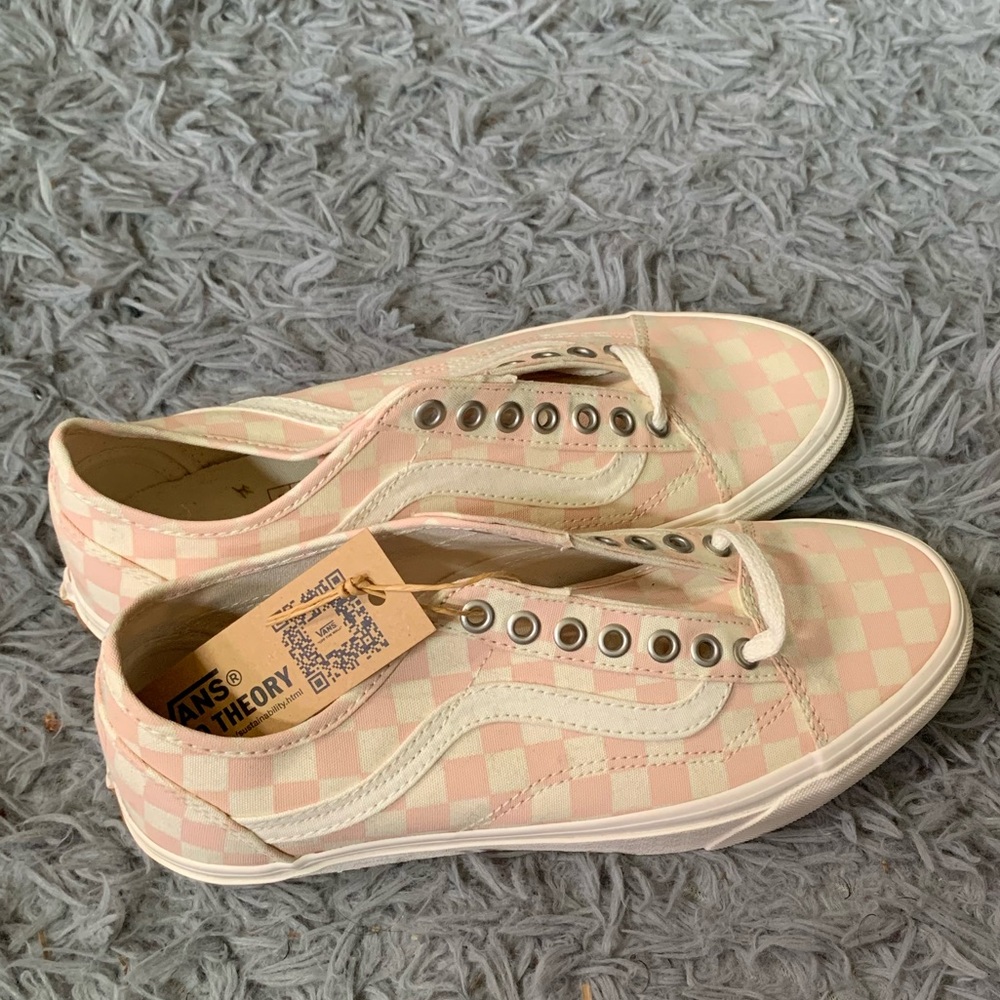 cream and pink checkered vans